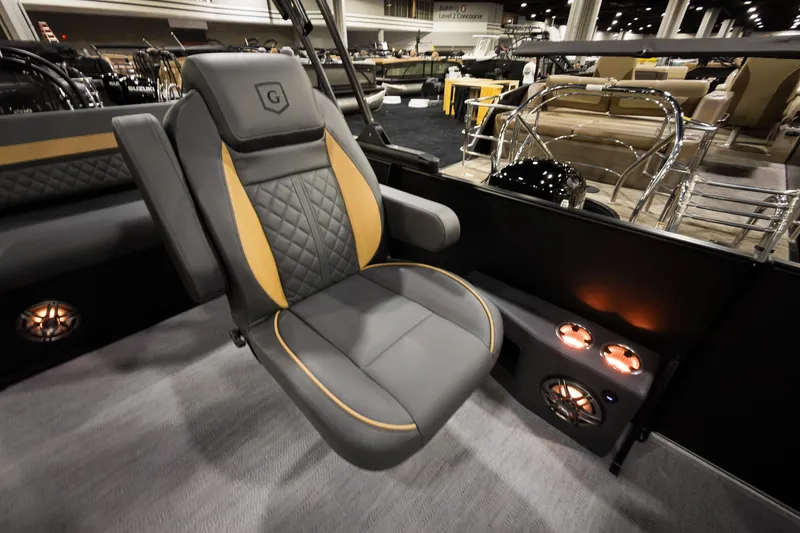 Slide: The Image of Luxurious seating on 2026 Godfrey Sweetwater 22' Tritoon, featuring elegant design and ambient lighting. - 14