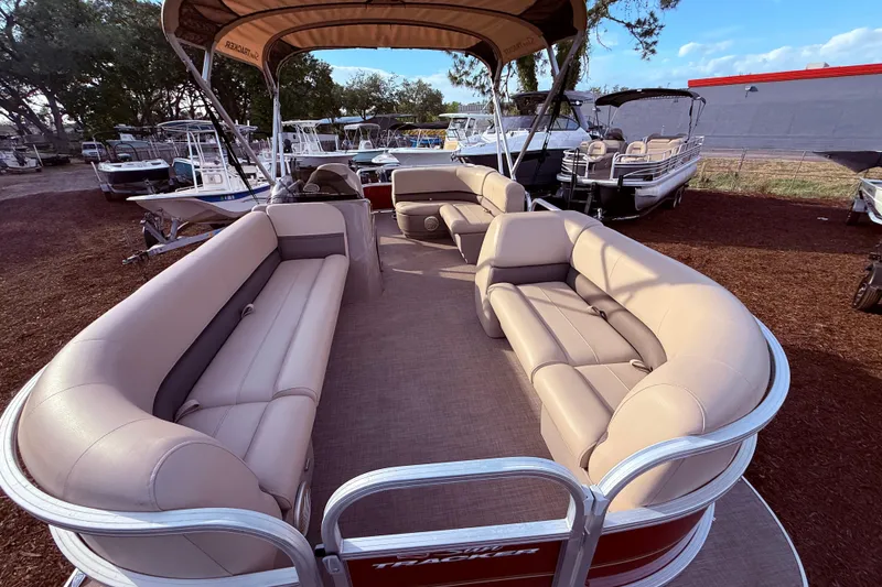 Slide: The Image of 2023 Sun Tracker Party Barge 18 DLX pontoon boat with spacious seating and canopy. - 5