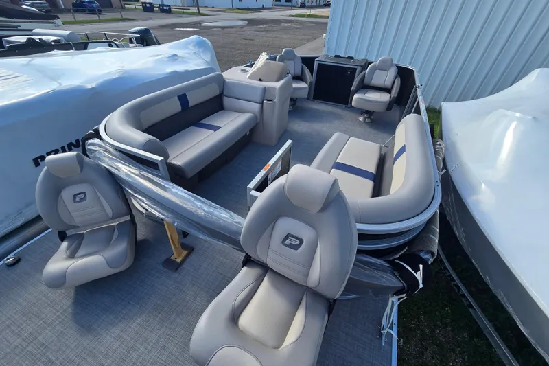 Slide: The Image of 2026 Princecraft Jazz 19-4S pontoon boat with spacious seating and modern design. - 4