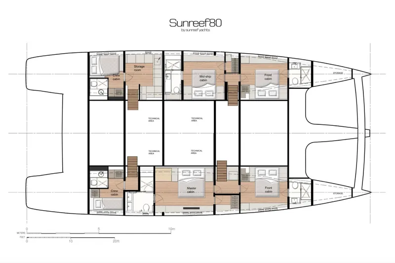 Slide: The Image of Floor plan of 2022 Sunreef 80 Sail yacht, featuring cabins and technical areas. - 10