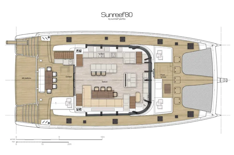 Slide: The Image of Deck layout of 2022 Sunreef 80 Sail yacht, featuring saloon, cockpit, and front terrace. - 11
