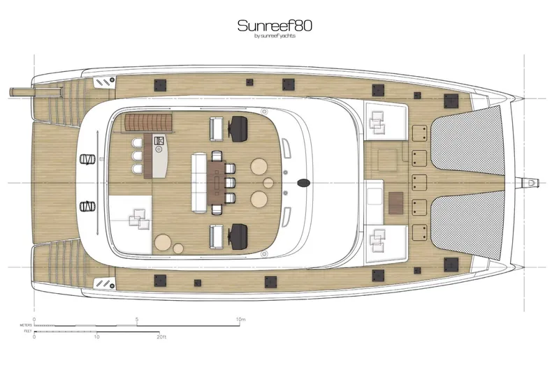 Slide: The Image of Deck layout of 2022 Sunreef 80 Sail yacht, featuring spacious seating and dining areas. - 12