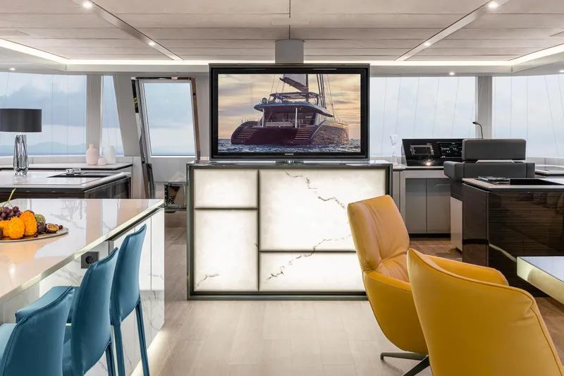 Slide: The Image of Luxurious interior of 2022 Sunreef 80 Sail yacht with modern furnishings and elegant design. - 2