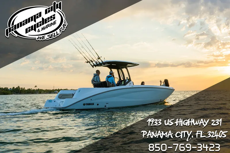 Slide: The Image of 2025 Yamaha Boats 255XD cruising at sunset, Panama City Cycles & Marine contact info displayed. - 42