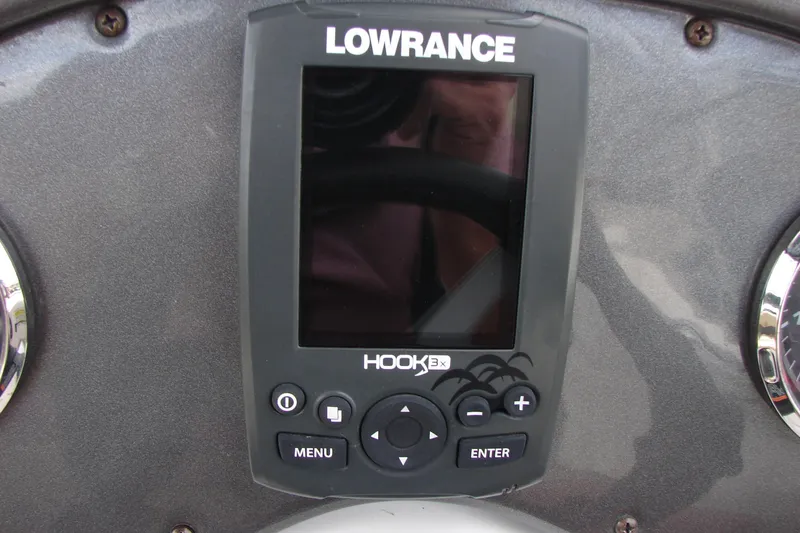 Slide: The Image of Lowrance Hook 3x fish finder on 2017 Hurricane SunDeck Sport 202 IO dashboard. - 45