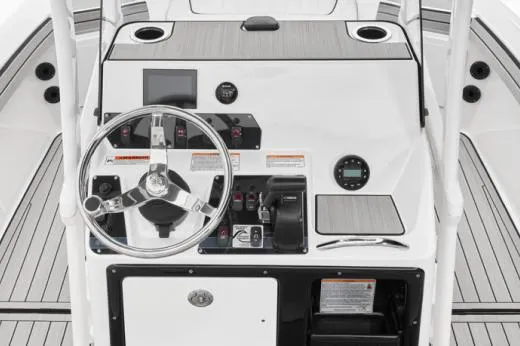 Slide: The Image of 2025 Yamaha Boats 195 FSH Sport interior seating and deck detail, showcasing modern design. - 11