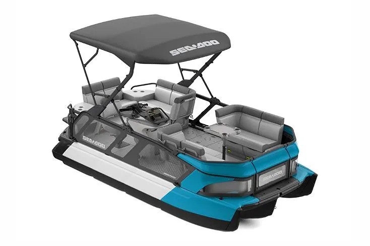 Slide: The Image of Manufacturer Provided Image: 2023 Sea-Doo Switch Cruise 18 pontoon boat with blue and white exterior. - 2