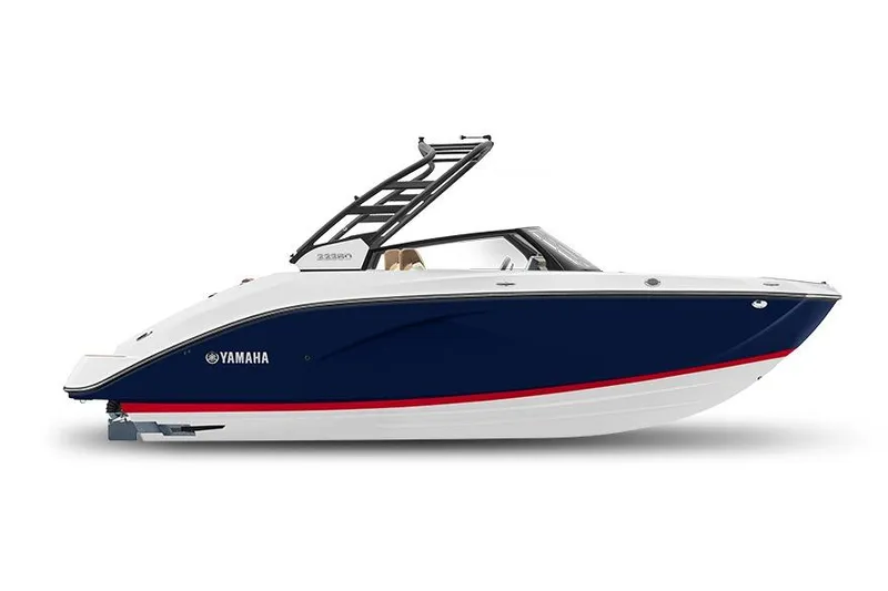 Slide: The Image of Manufacturer Provided Image: 2026 Yamaha Boats 222SD, sleek design, blue hull, red stripe, modern wakeboard tower. - 38