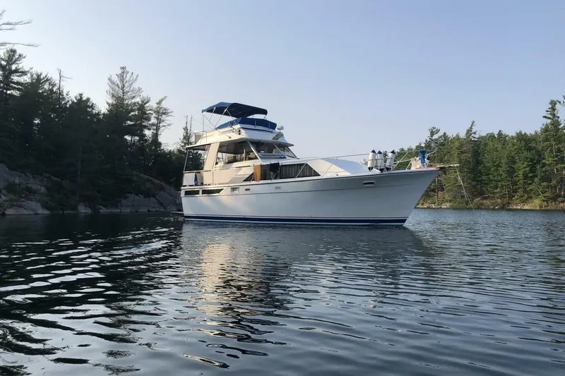 The Image of 1977 Pacemaker FB Motor Yacht on serene lake, surrounded by lush trees. - 1