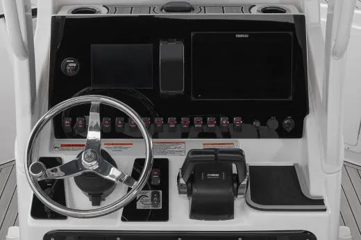 Slide: The Image of 2026 Yamaha Boats 252 FSH Sport deck detail with storage compartment and cup holder. - 5