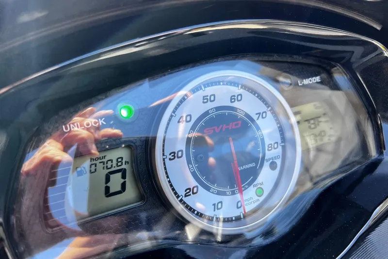 Slide: The Image of Close-up of 2016 Yamaha WaveRunner FX Cruiser SVHO dashboard, showing speedometer and digital display. - 5