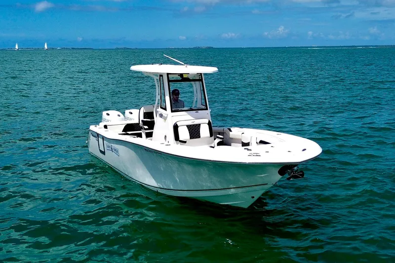 The Image of 2021 Tidewater 256 CC Adventure boat on open water under clear blue sky. - 0