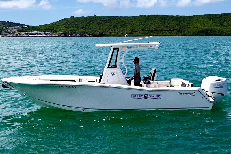 Slide: The Image of 2021 Tidewater 256 CC Adventure boat on turquoise water, with lush green hills in the background. - 2