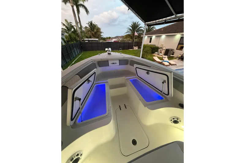 Slide: The Image of 2016 Sea Hunt Gamefish 25 boat interior with illuminated storage compartments and modern design. - 37