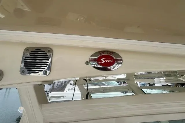 Slide: The Image of 2017 Scout 320 LXF boat interior with logo and speaker detail. - 60