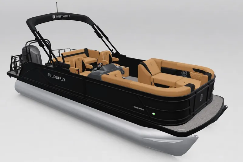 The Image of 2027 Godfrey Sweetwater 22' Tritoon with tan seating and sleek black design. - 0