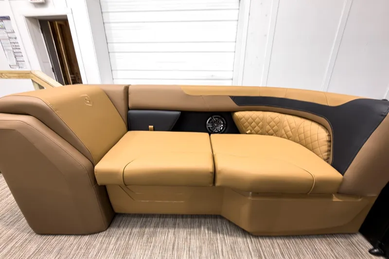 Slide: The Image of 2026 Godfrey Sweetwater 22' Tritoon lounge seat with tan and black upholstery. - 6