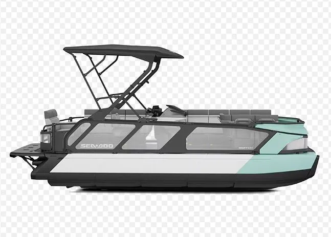 Slide: The Image of 2026 Sea-Doo CRUISE 21 300 AUDIO pontoon boat with sleek design. - 3