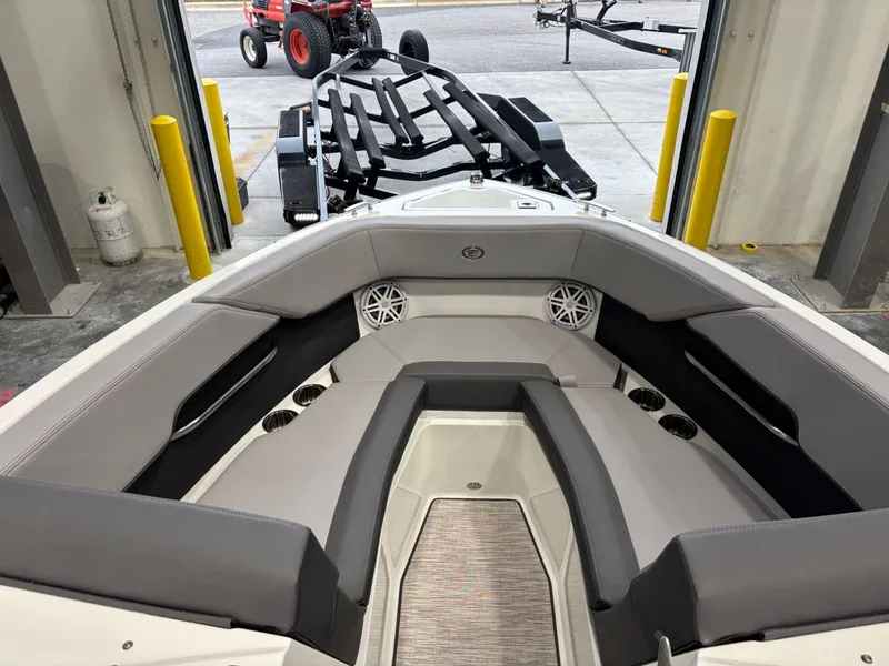 Slide: The Image of Interior of 2026 Cobalt CS23 boat with gray upholstery. - 16