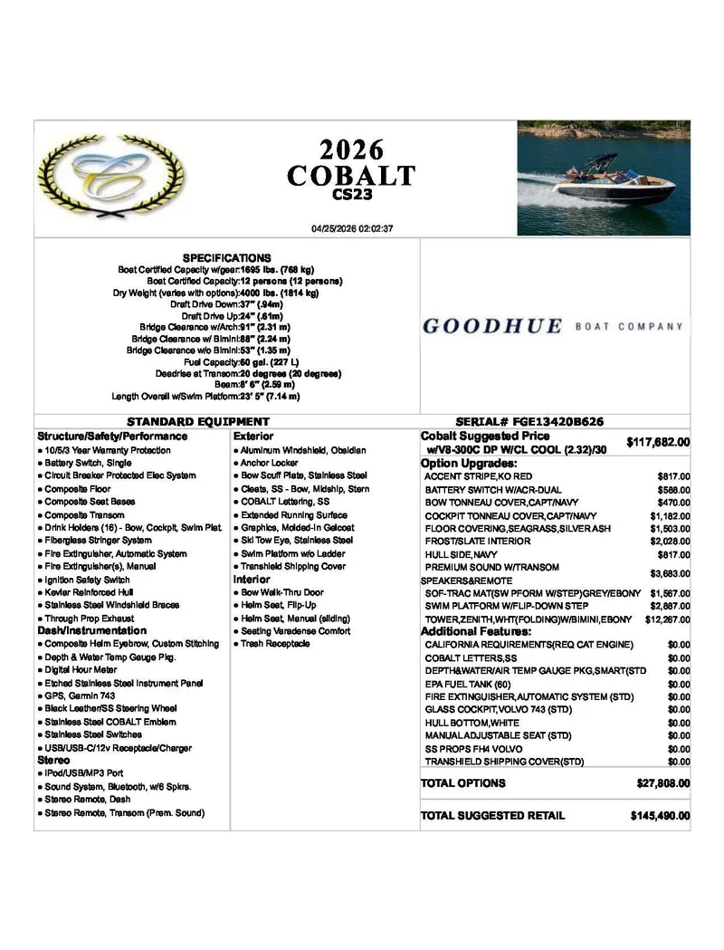 Slide: The Image of 2026 Cobalt CS23 boat specifications and pricing details. - 17