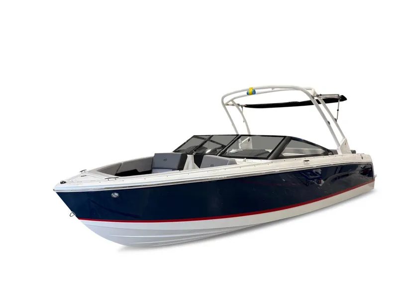 Slide: The Image of 2026 Cobalt CS23 boat with blue hull and white deck. - 7