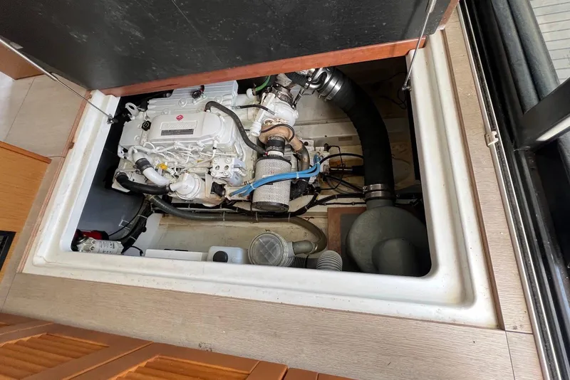 Slide: The Image of Bathroom interior of 2020 Beneteau Swift Trawler 35, featuring modern sink and wooden accents. - 20