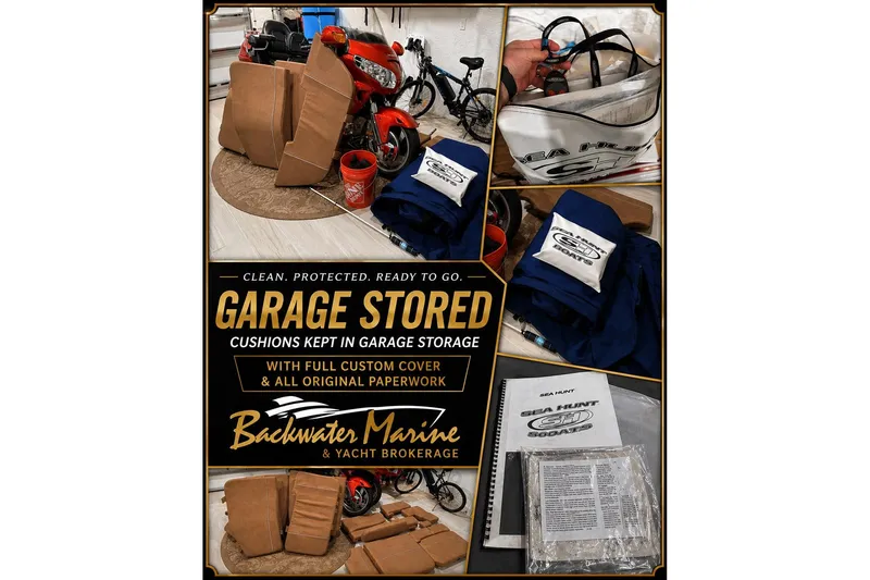 Slide: The Image of 2024 Sea Hunt Ultra 265 SE cushions and accessories stored in garage with custom cover. - 23