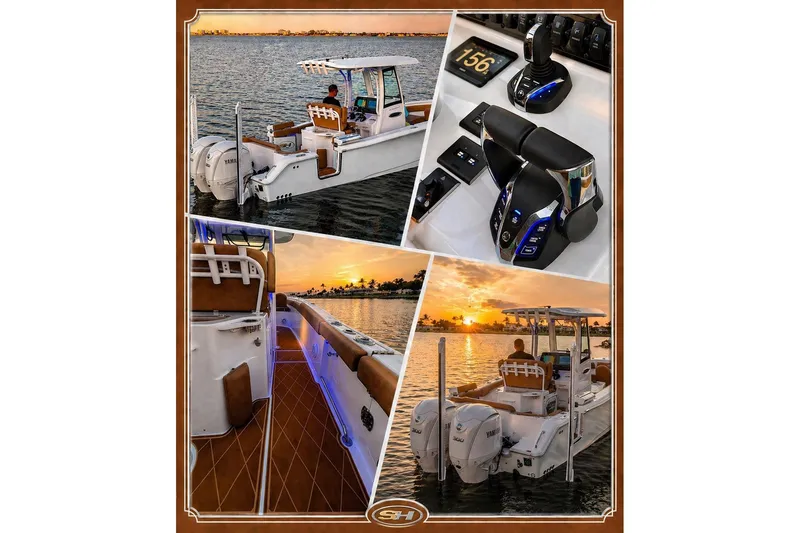 Slide: The Image of 2024 Sea Hunt Ultra 265 SE boat with advanced controls, sunset backdrop, and luxurious interior. - 35