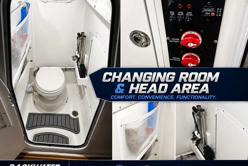 Slide: The Image of 2024 Sea Hunt Ultra 265 SE boat changing room and head area, showcasing comfort and functionality. - 8