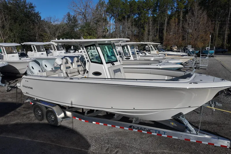 The Image of 2026 Sailfish 272 CC boat on trailer in outdoor showroom. - 0