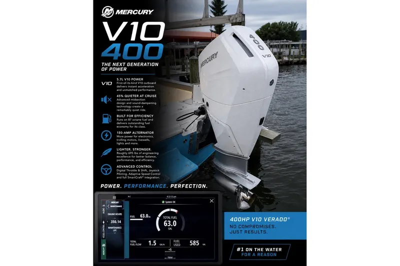 Slide: The Image of Mercury V10 400 outboard engine on Everglades 253 Center Console, 2024 model, showcasing features. - 11