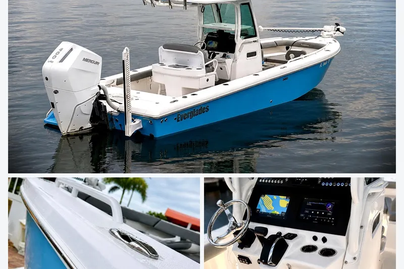 Slide: The Image of 2024 Everglades 253 Center Console boat on water, featuring sleek design and advanced navigation system. - 3