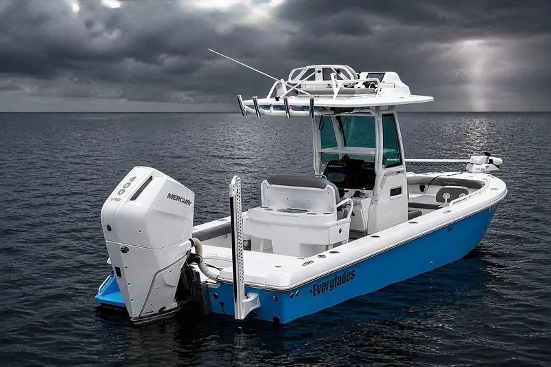 Slide: The Image of 2024 Everglades 253 Center Console boat on water under stormy sky. - 4