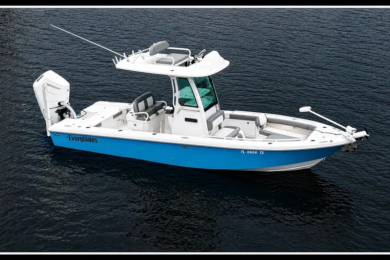 Slide: The Image of 2024 Everglades 253 Center Console boat on water, featuring sleek design and modern amenities. - 41