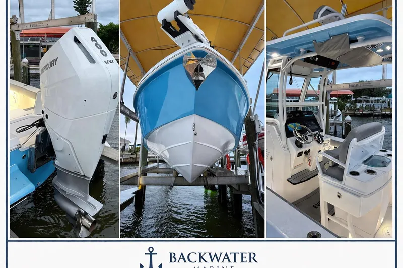 Slide: The Image of 2024 Everglades 253 Center Console boat with Mercury engine, docked at marina. - 43