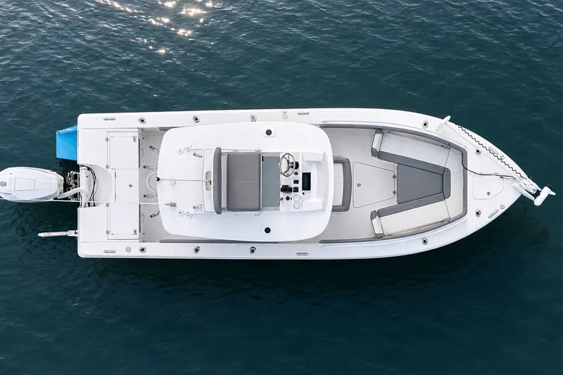 Slide: The Image of Overhead view of 2024 Everglades 253 Center Console boat on water. - 45