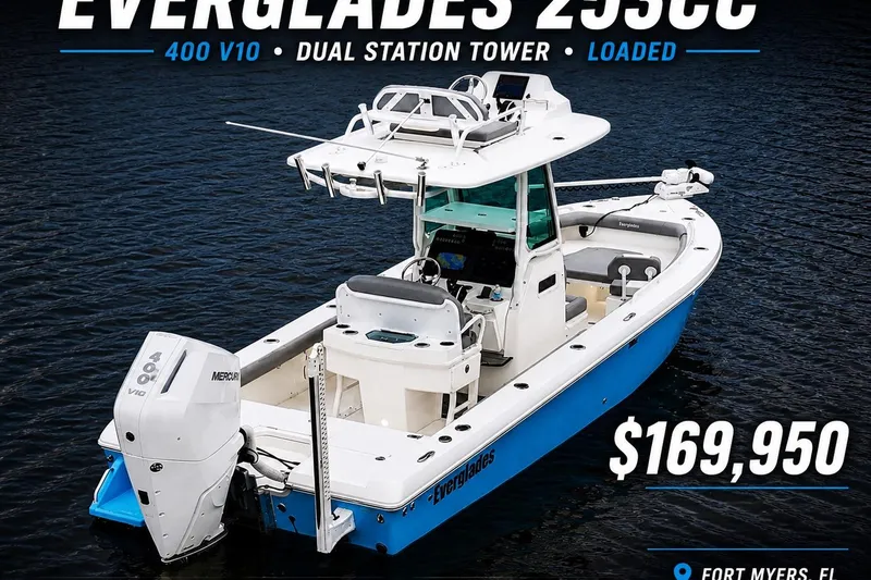 Slide: The Image of 2024 Everglades 253 Center Console boat with dual station tower on water. - 5