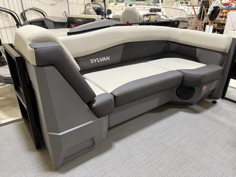 Slide: The Image of Sylvan R-22 LZ DH 2026 boat seating in gray and cream design. - 8