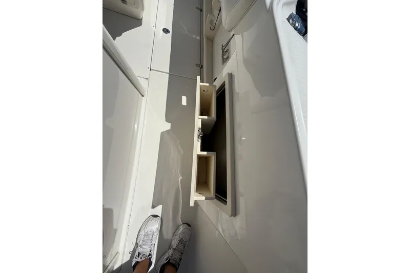 Slide: The Image of 2014 Boston Whaler 250 Outrage interior with storage compartments and white sneakers visible. - 20
