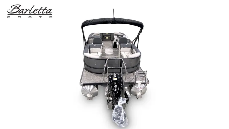 Slide: The Image of Barletta SANZA 22QC 2026 pontoon boat, rear view with seating area and motor. - 3