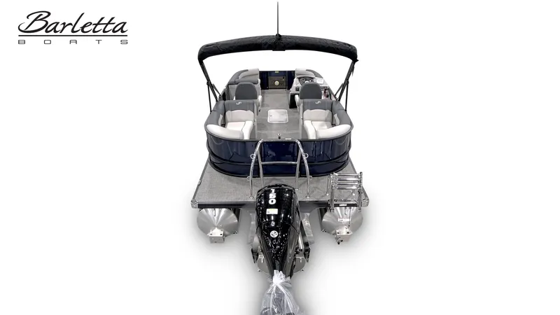 Slide: The Image of Barletta SANZA 22QC 2026 pontoon boat with motor and seating area. - 10