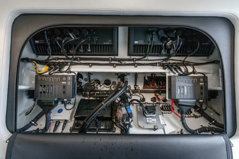 Slide: The Image of 2024 Nor-Tech 390 Sport Center Console electrical system with wiring and components. - 29