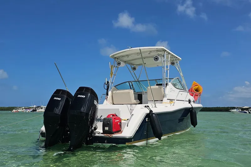 The Image of 2004 Stamas 290 Express boat with dual engines anchored in clear water under blue sky. - 0