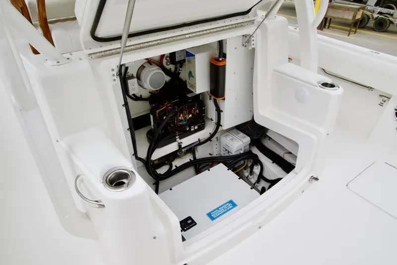 Slide: The Image of 2026 Regulator 37 boat engine compartment with modern equipment and wiring. - 18