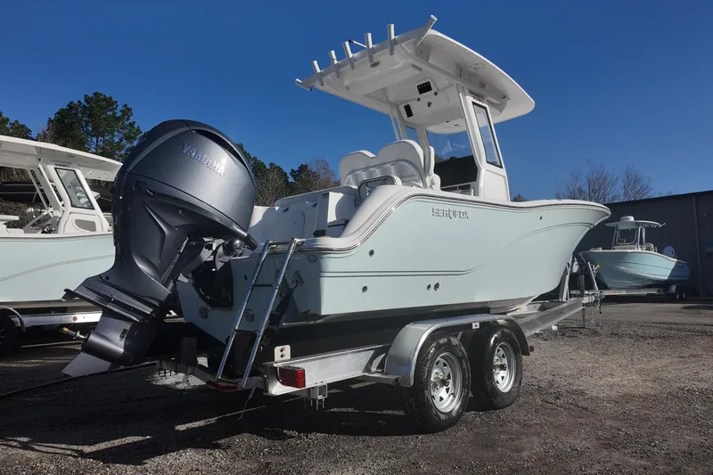 Slide: The Image of 2026 Sea Fox 228 Commander boat on trailer with Yamaha outboard motor. - 2