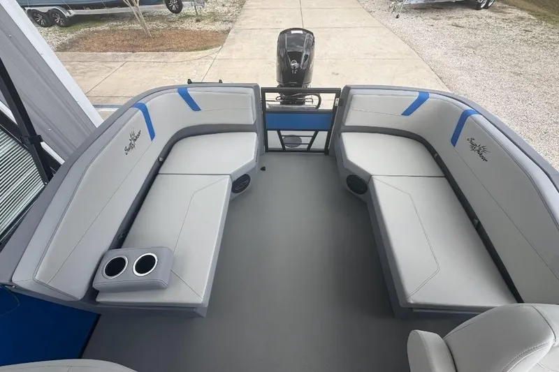 Slide: The Image of 2026 SunChaser Lucerne 20 LR DH boat interior with spacious seating and modern design. - 8
