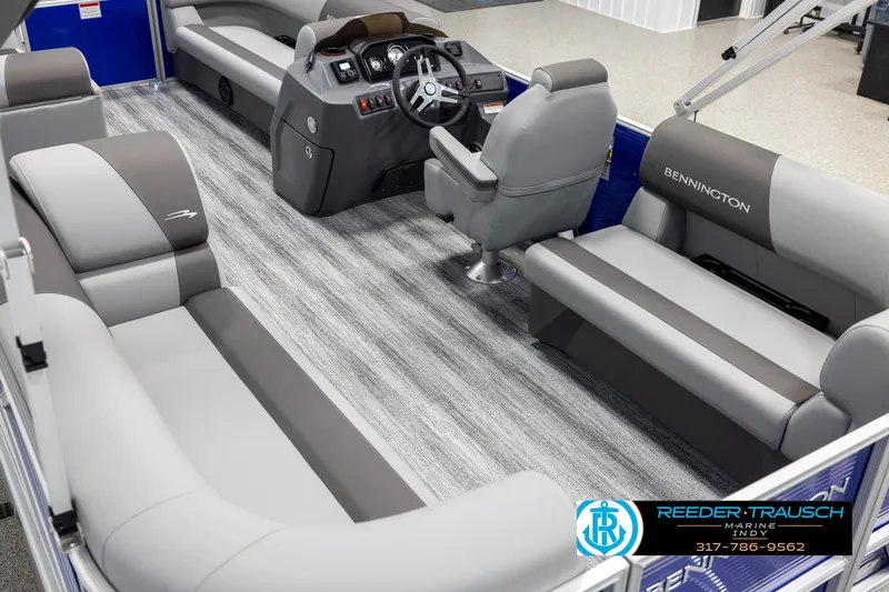Slide: The Image of Interior of 2025 Bennington 21 SSR pontoon boat with gray seating. - 13