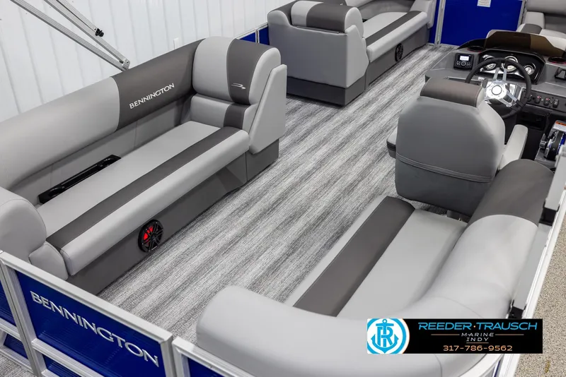 Slide: The Image of Interior of 2025 Bennington 21 SSR pontoon boat with gray seating. - 14