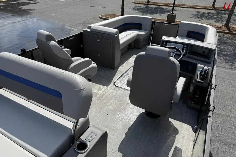 Slide: The Image of Interior of 2025 Qwest SplashPad 22 Performance TriToon with gray seating. - 8