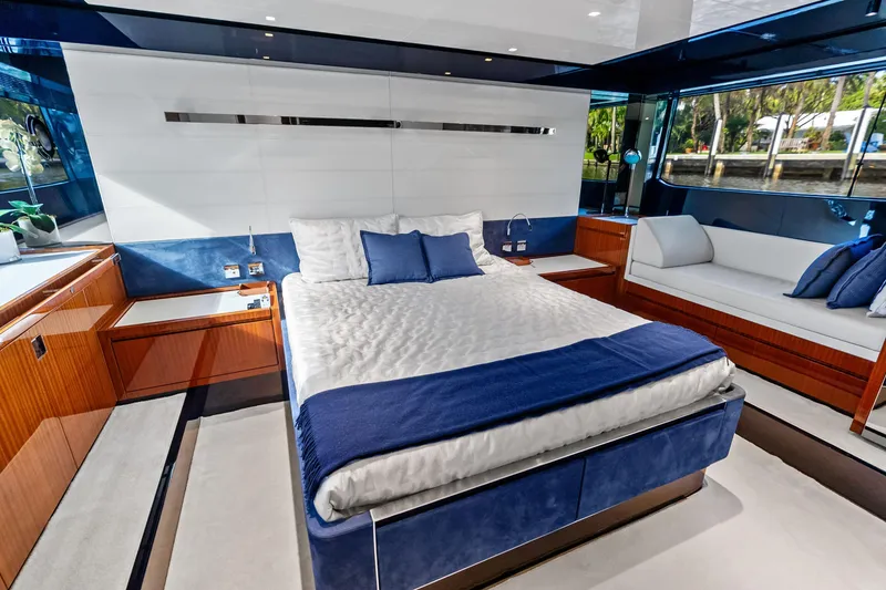 Slide: The Image of Luxurious bedroom interior of 2021 Riva 66' Ribelle yacht with modern design and elegant furnishings. - 15